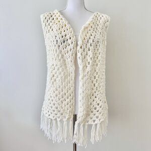 Hand made White Crochet Open Cardigan Sweater Boho Earthy Hippie Gypsy One Size